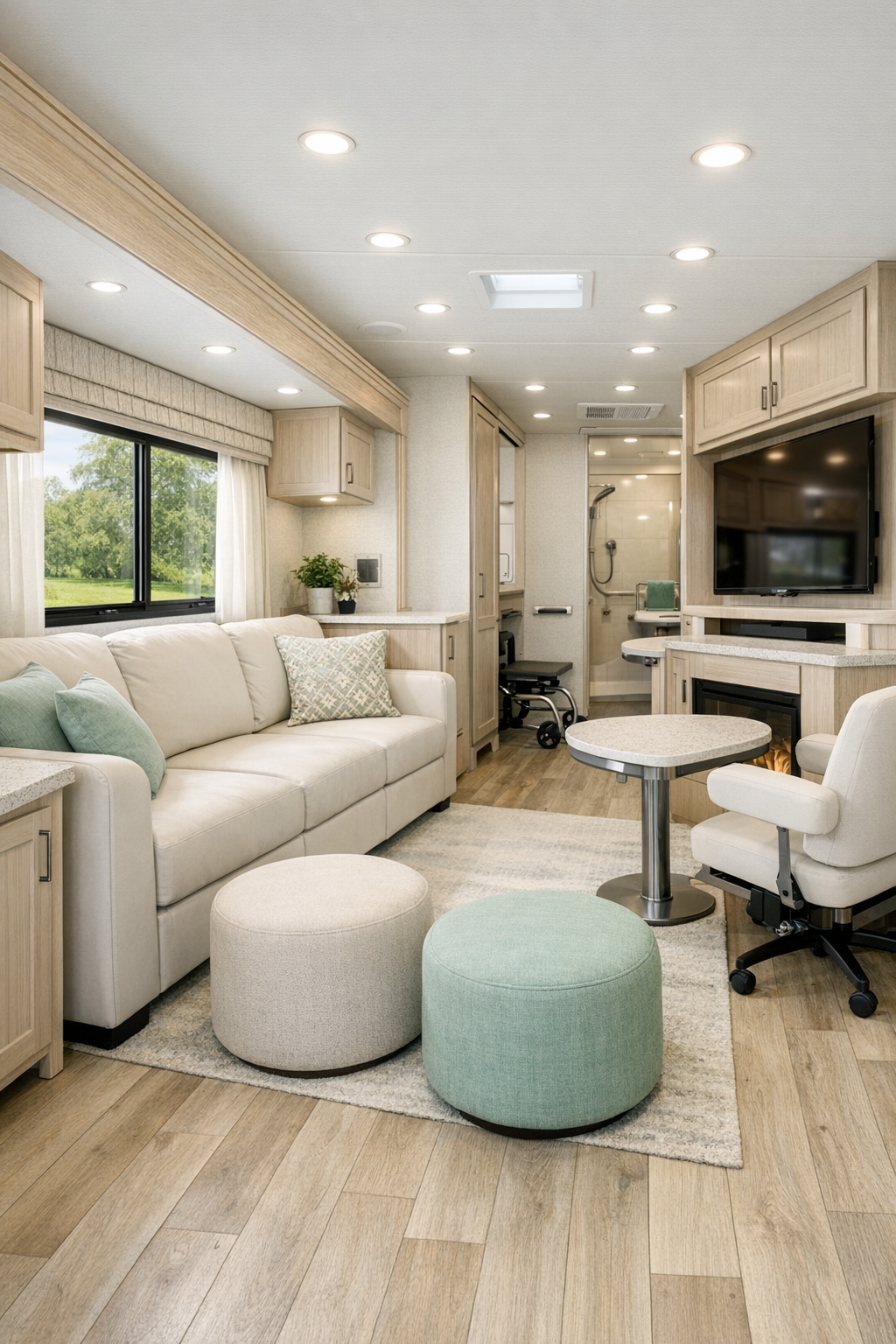 Accessible RV camper living room with ivory seating and mint accents