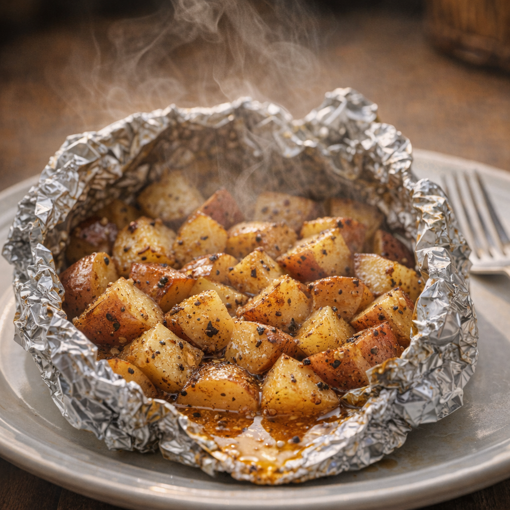 Opened foil packet of buttery Cajun potatoes