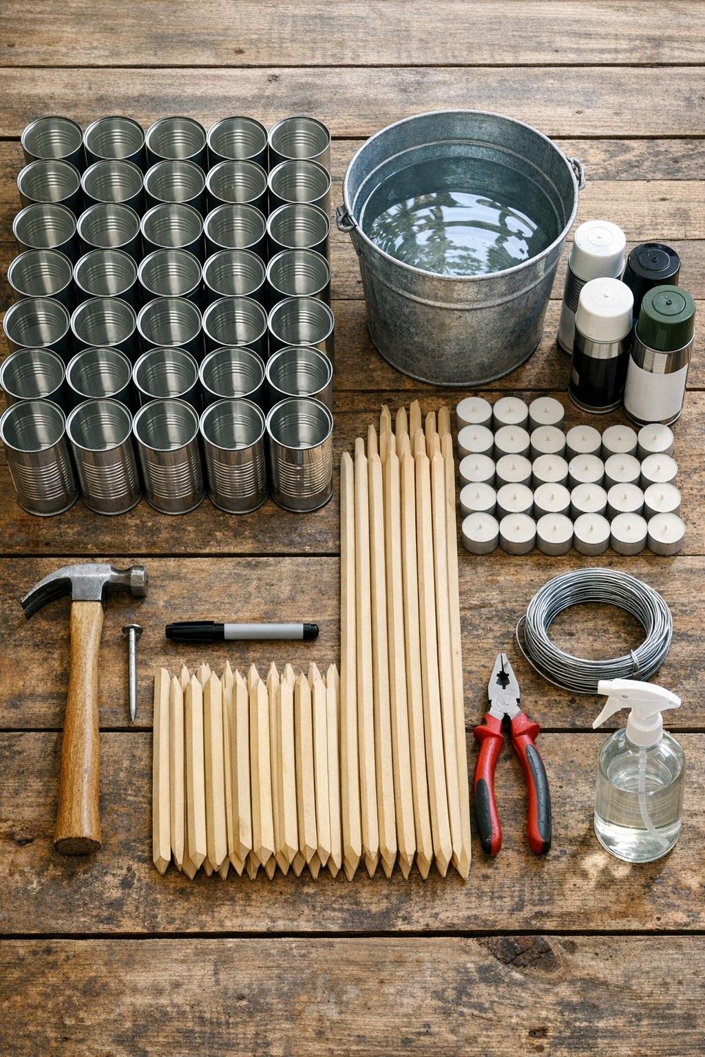 Materials for tin can lantern stakes laid out on a work surface
