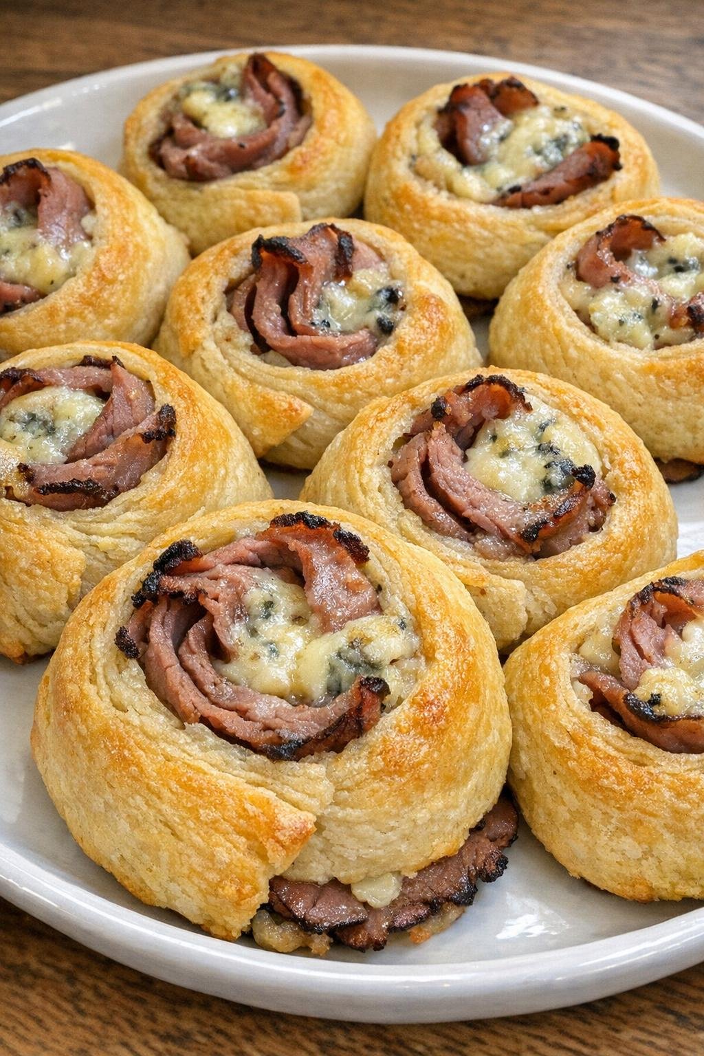 Golden brown roast beef and Danish blue crescent pinwheels on a white platter