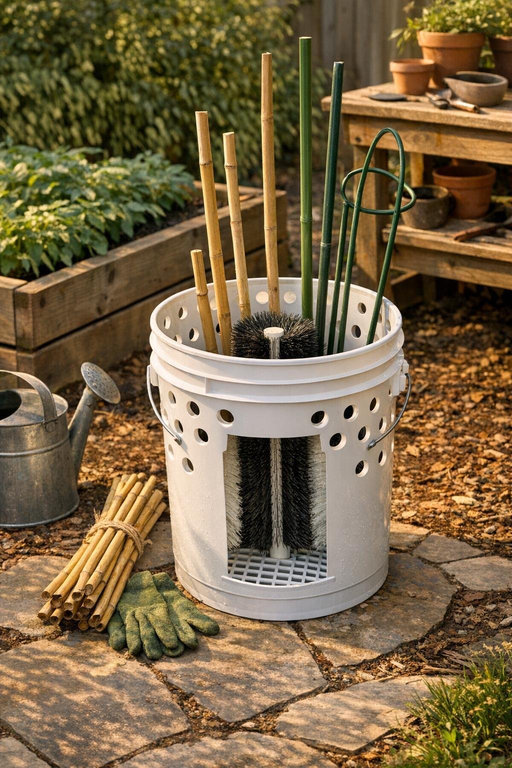 Finished bucket plant stake cleaner in a garden setting
