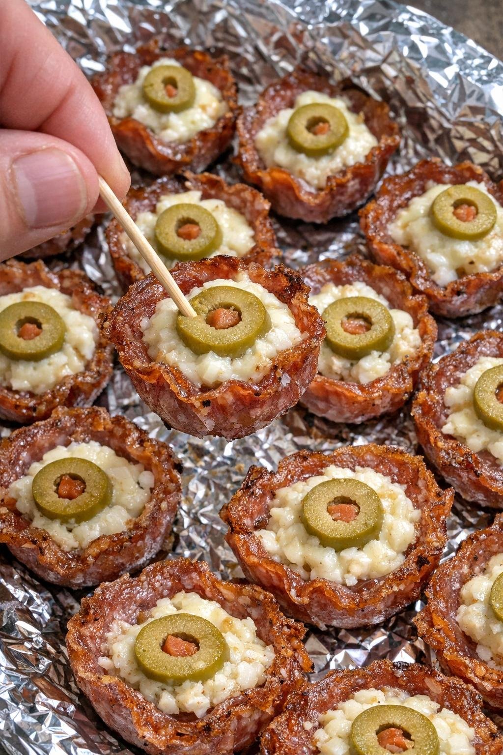 4-ingredient salami radcliffe bites on a foil-lined platter