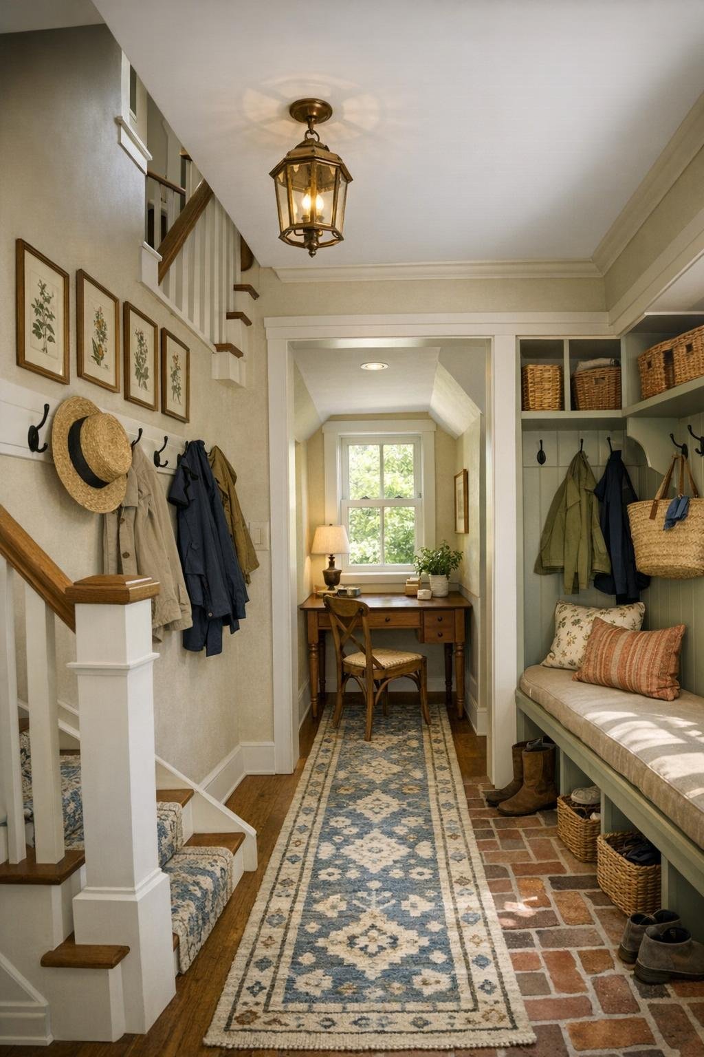 Cottage stair hall and mudroom with built-in storage and a small writing desk