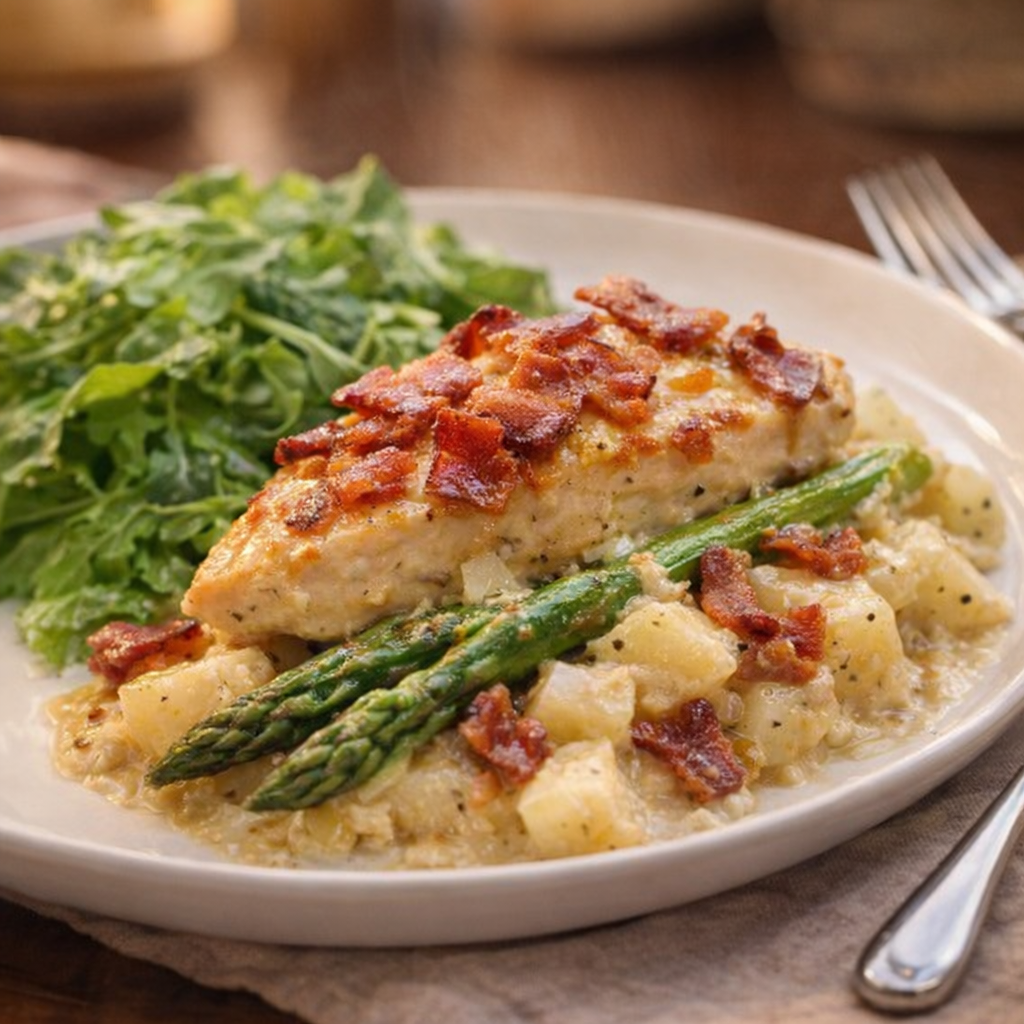 Served casserole portion with salad on the side