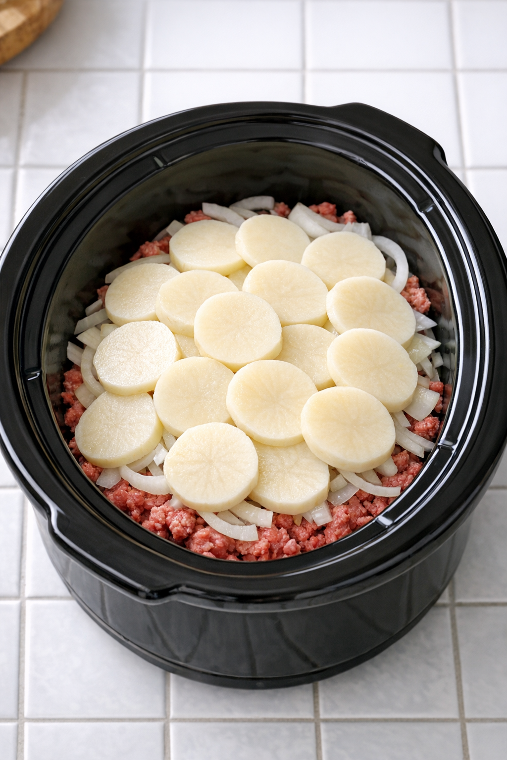 Sliced onion and potatoes layered over ground beef in the slow cooker