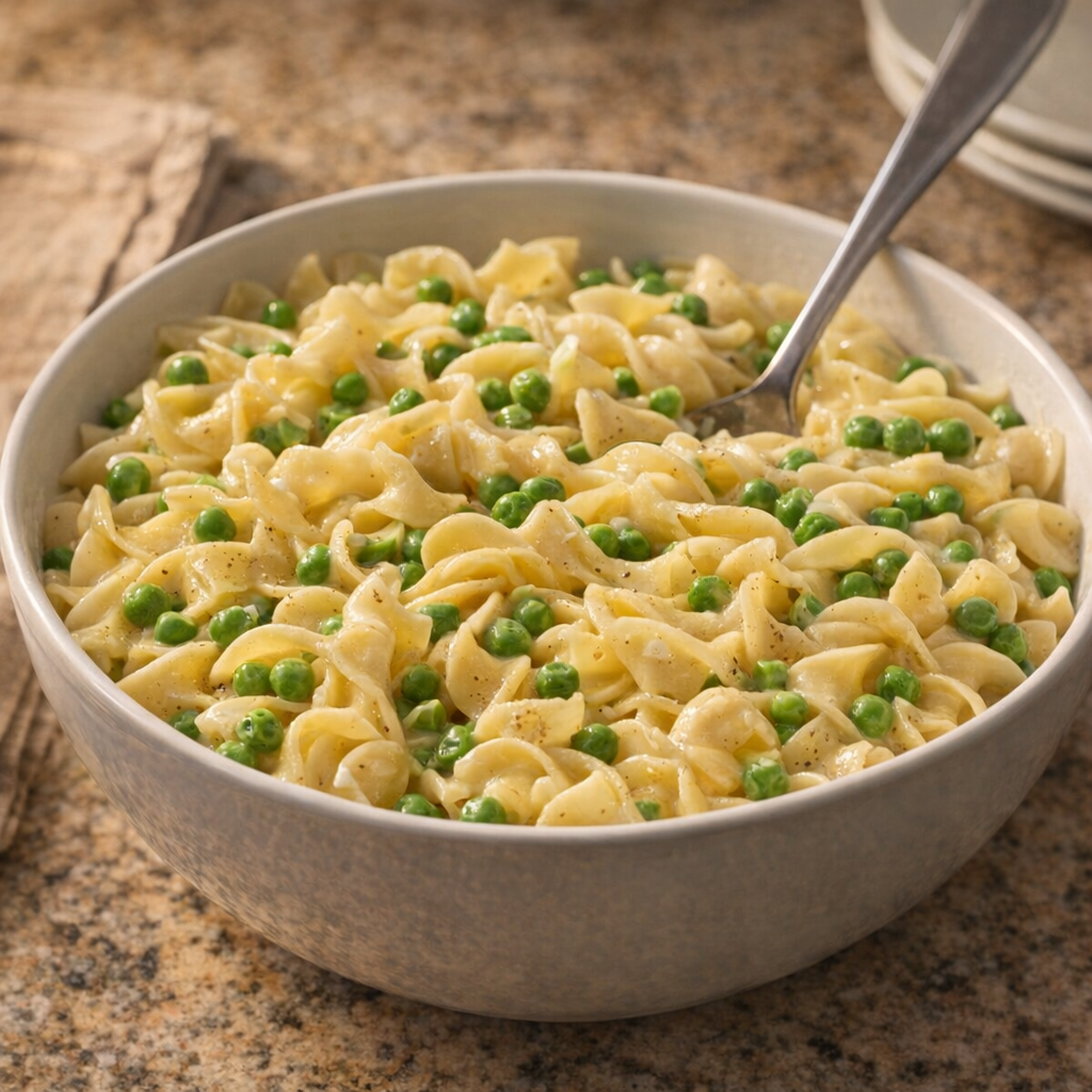 Creamy buttered noodles with peas in a family-style bowl