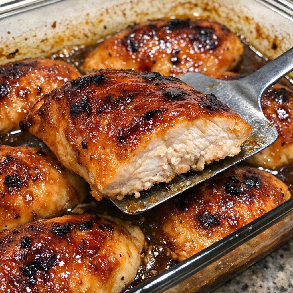 Tender glazed chicken breasts in a Pyrex dish
