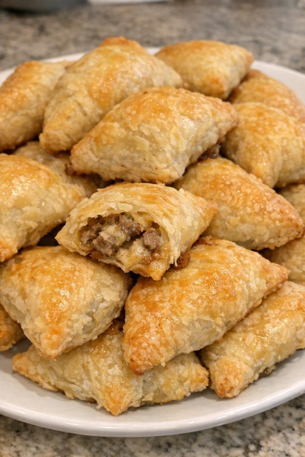 Golden flaky stuffed party pockets on a white serving plate