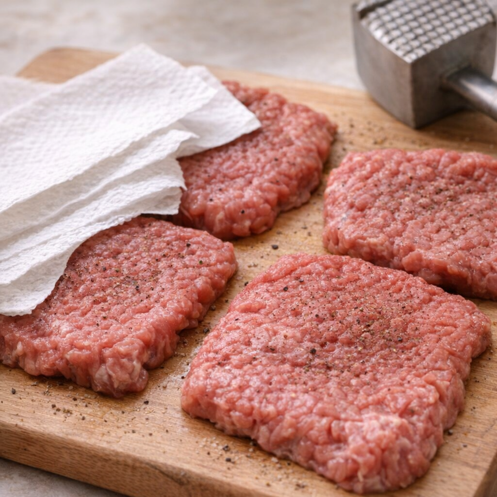 Tenderized cube steak on a cutting board with paper towels