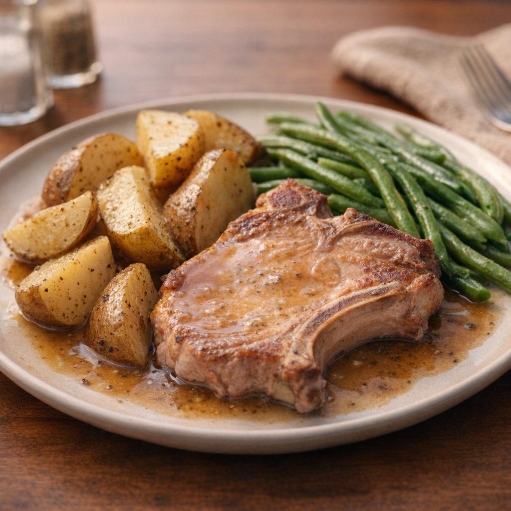 Plated pork chop dinner with green beans