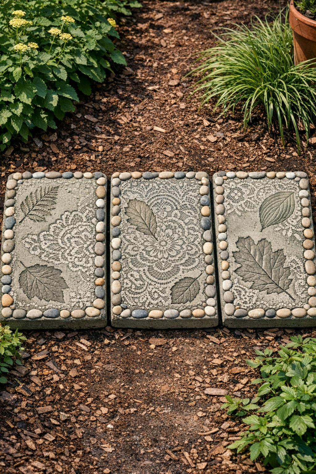 Finished patterned cement patio slabs with lace texture, leaf impressions, and stone borders