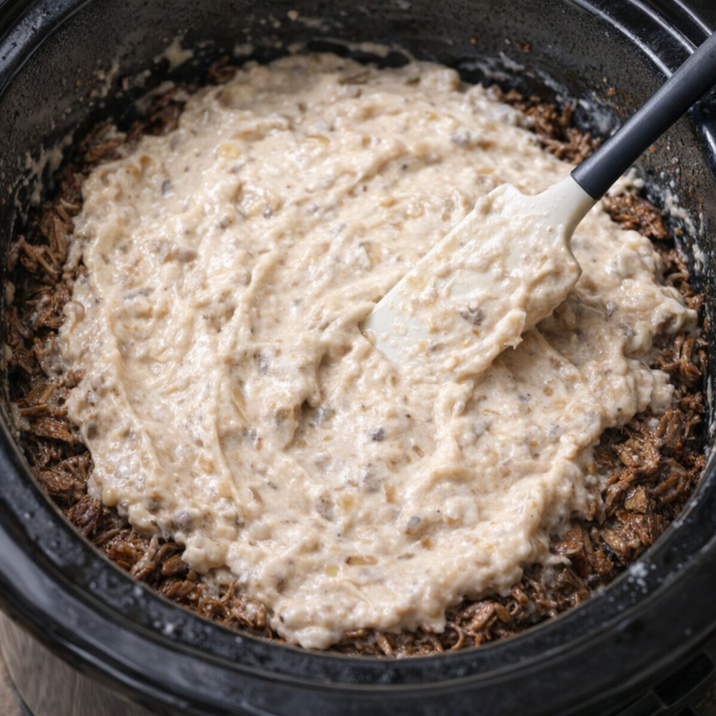 Thick mushroom-onion sauce spread over beef in the slow cooker