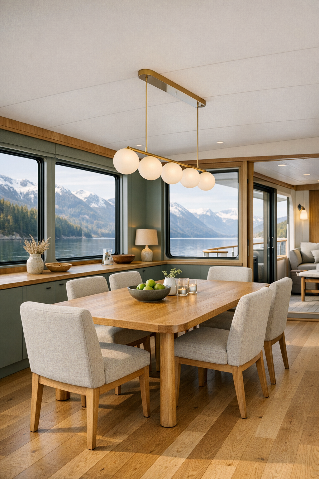 Warm modern dining room with oak table, upholstered chairs, and water views through large windows