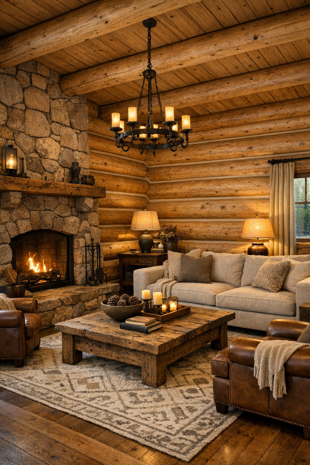 Bright living room with flaxen lodgepole pine log walls, stone fireplace, and neutral seating