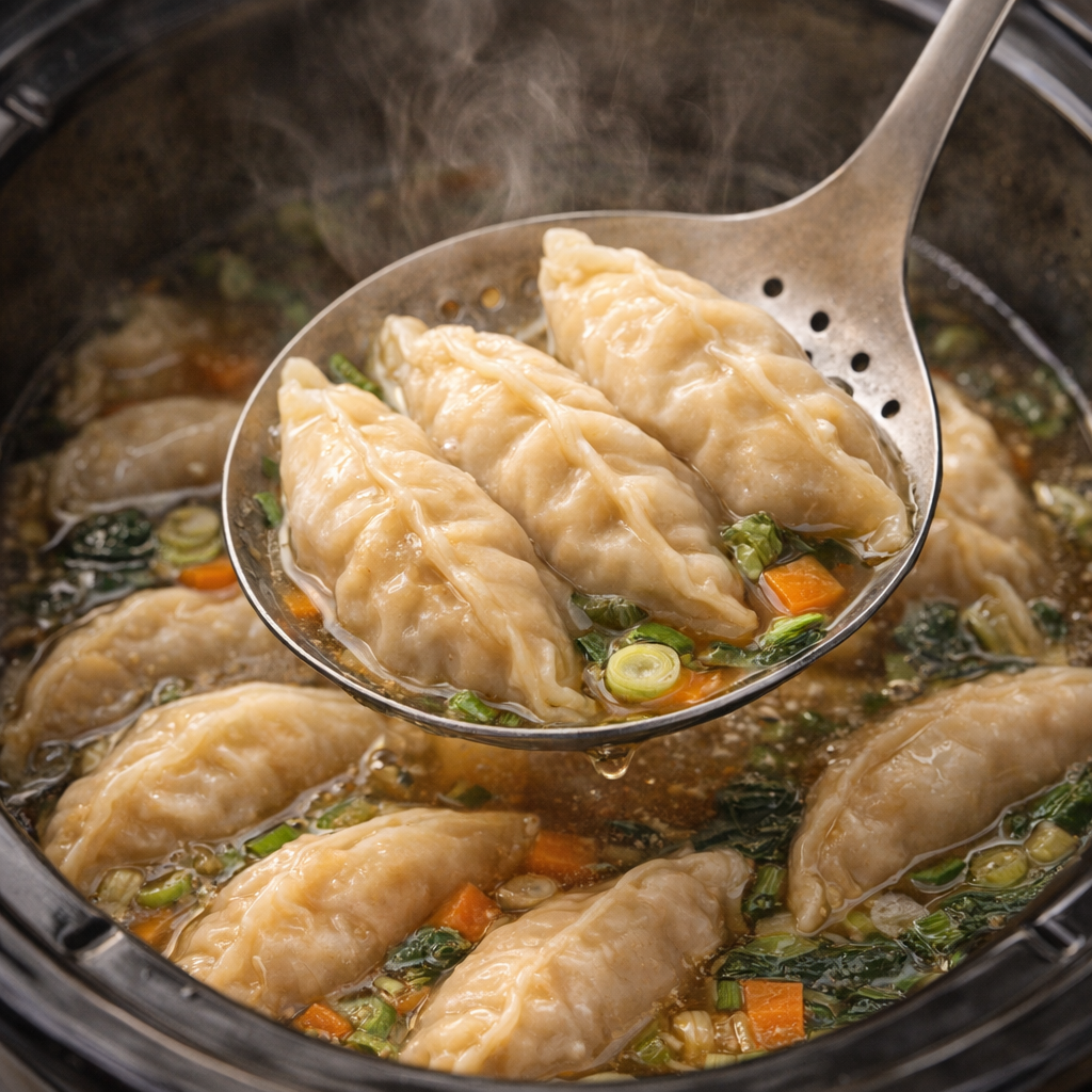 Finished potstickers being lifted from broth