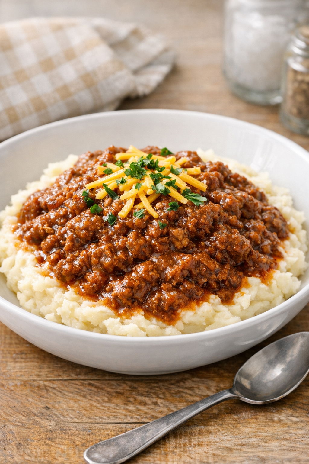 Finished slow cooker beef served over mashed potatoes