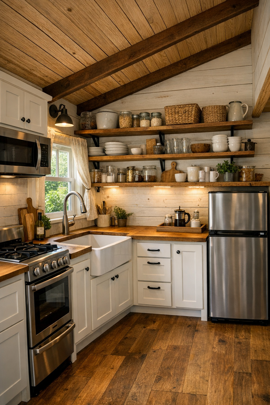 Handcrafted tiny home kitchen with white cabinetry, wood counters, and a compact farmhouse layout