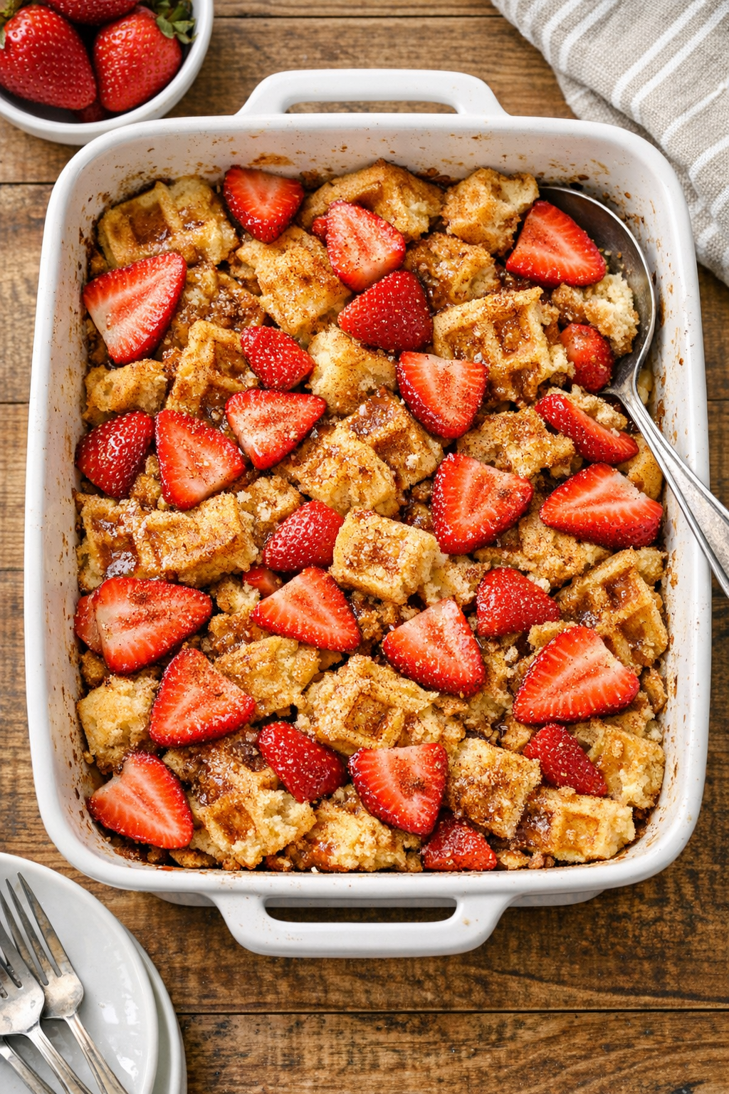 Baked waffle summer dessert in casserole dish