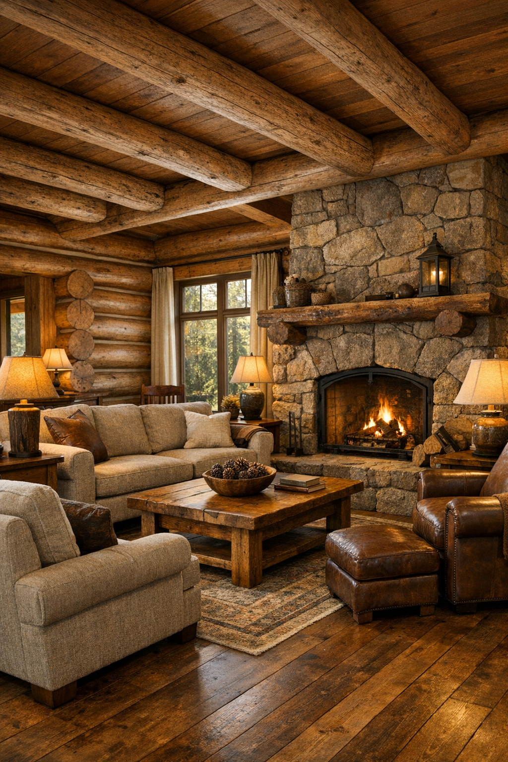 Bright log home living room with soft grand fir walls, stone fireplace, and handcrafted wood furniture