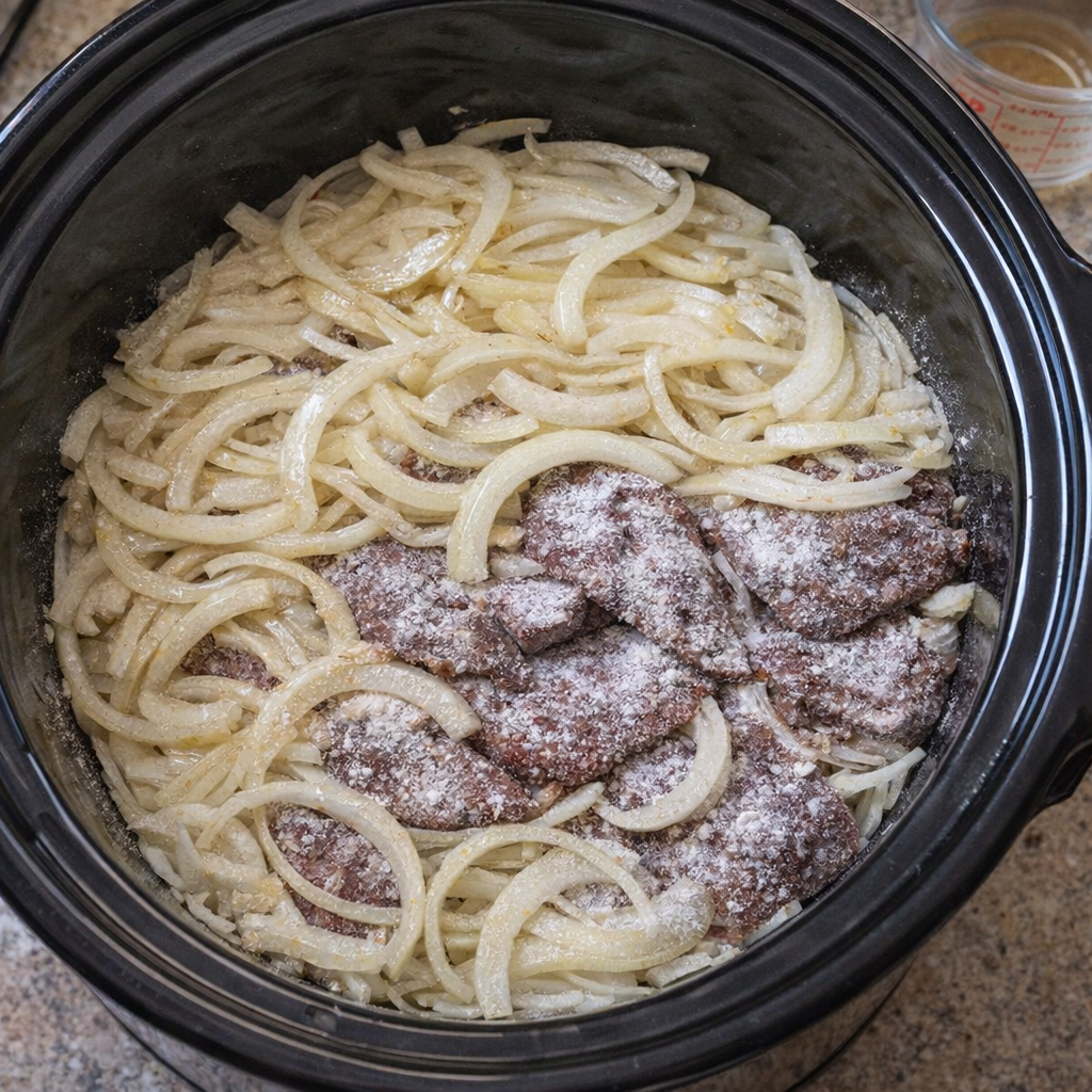 Layered onions and liver inside a slow cooker