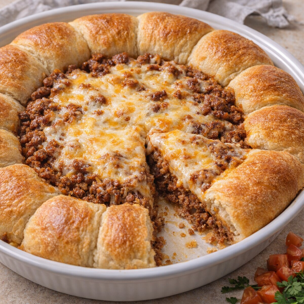 Freshly baked cheesy taco crescent pie in a pie dish