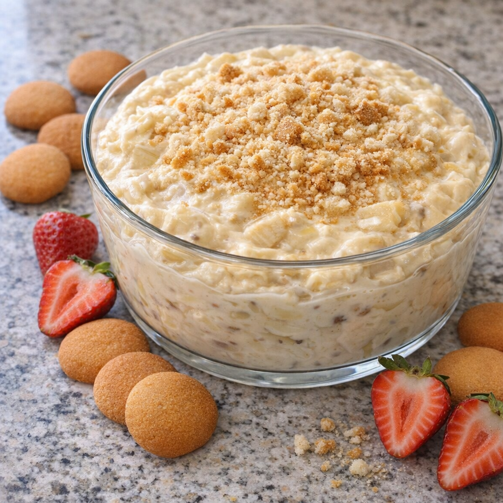 Banana pudding dip in a glass bowl on a family kitchen counter