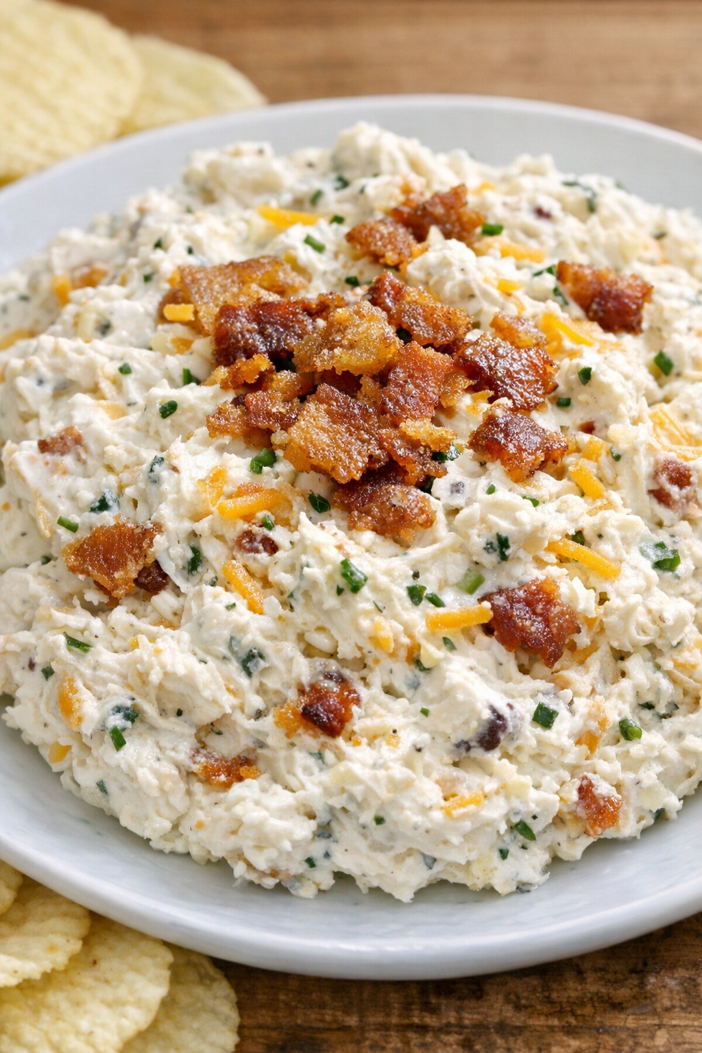 Southern 3-ingredient bacon ranch dip on a white ceramic plate
