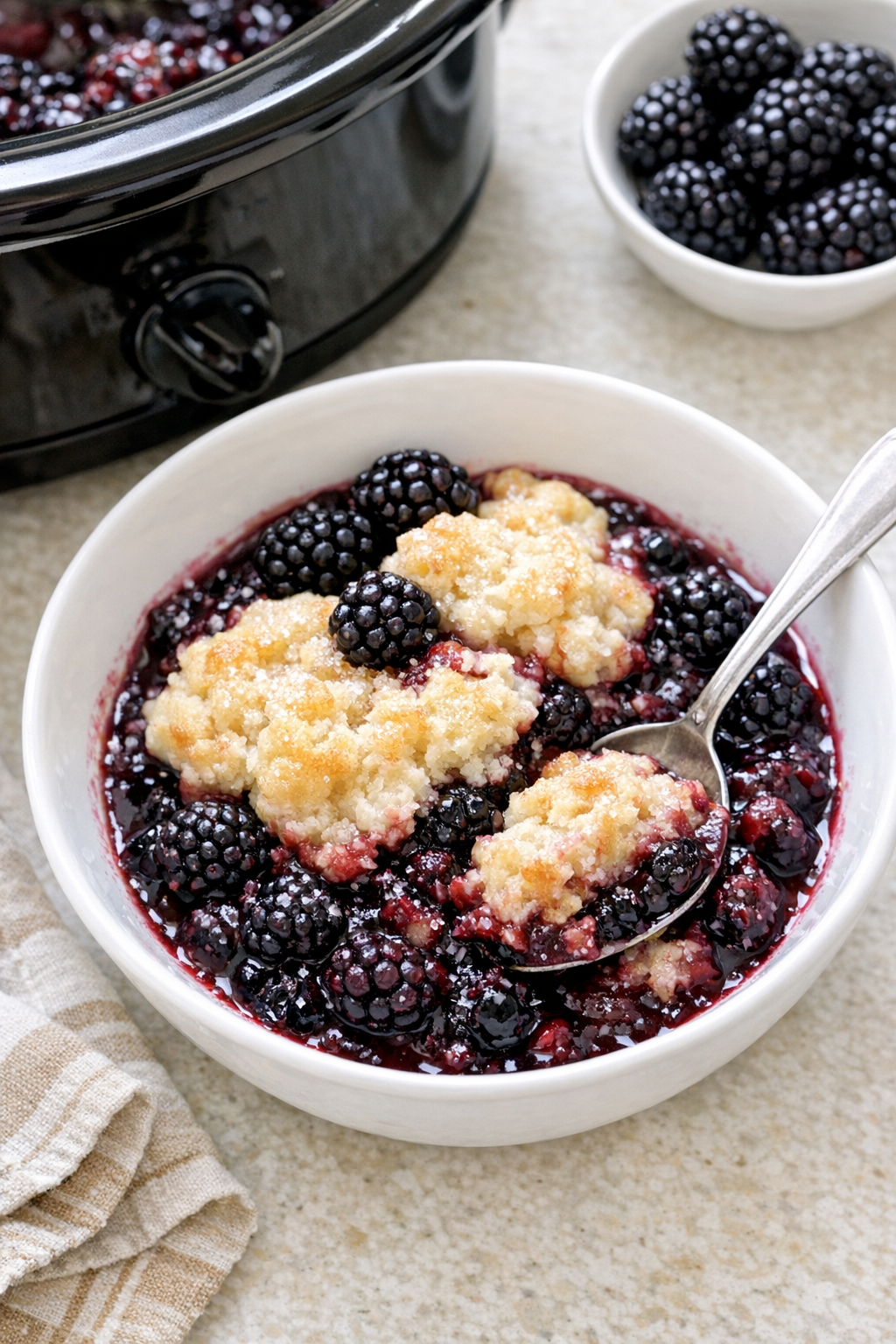 Finished slow cooker blackberry grunt in a serving bowl