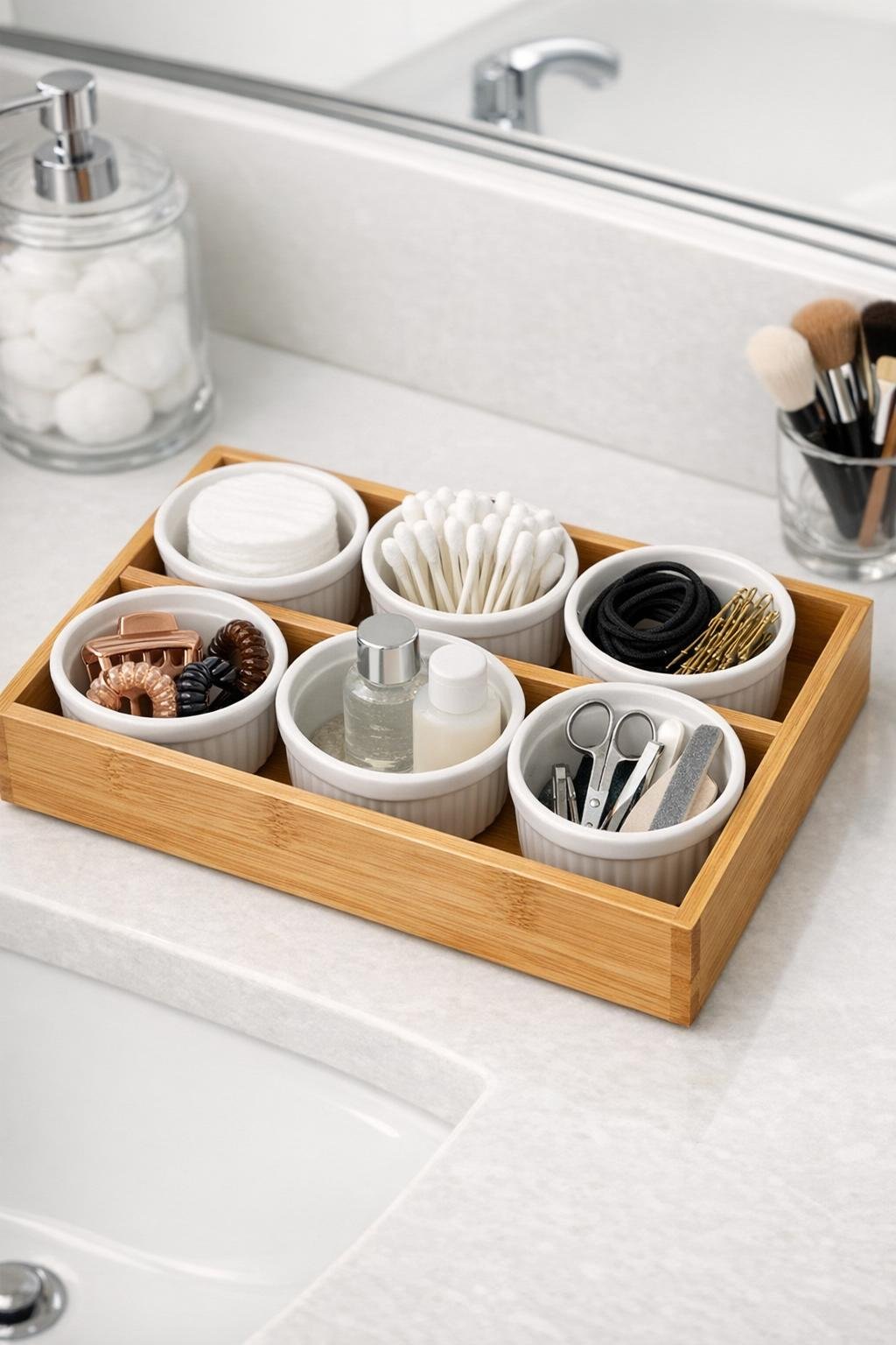 Finished bathroom vanity organizer with ramekins in bamboo tray