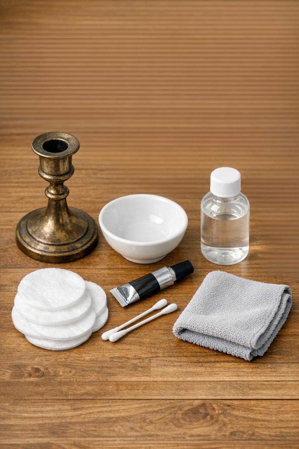 Materials for a brass candlestick jewelry dish laid out on a table