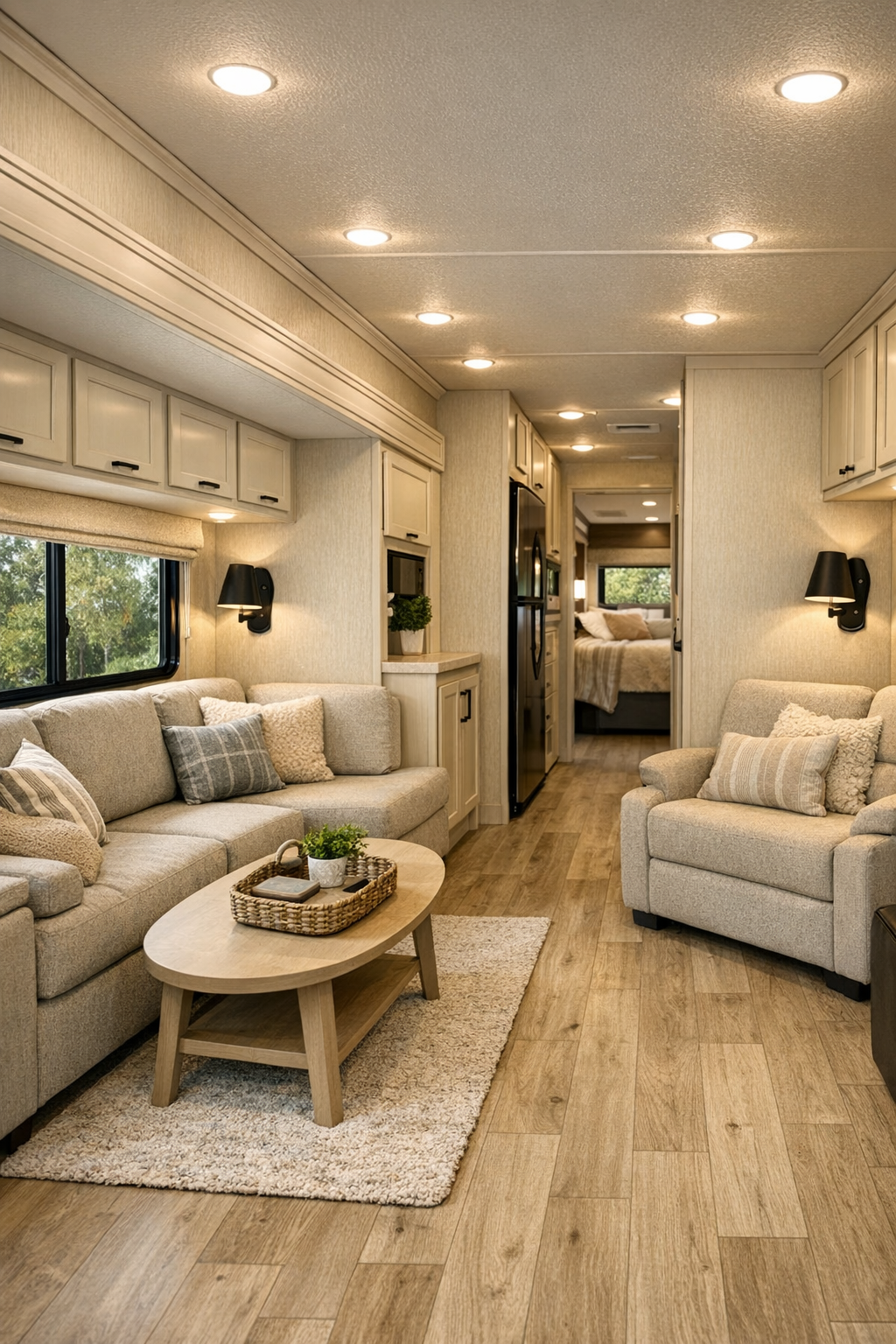 Accessible RV living room with oatmeal seating and pale oak flooring