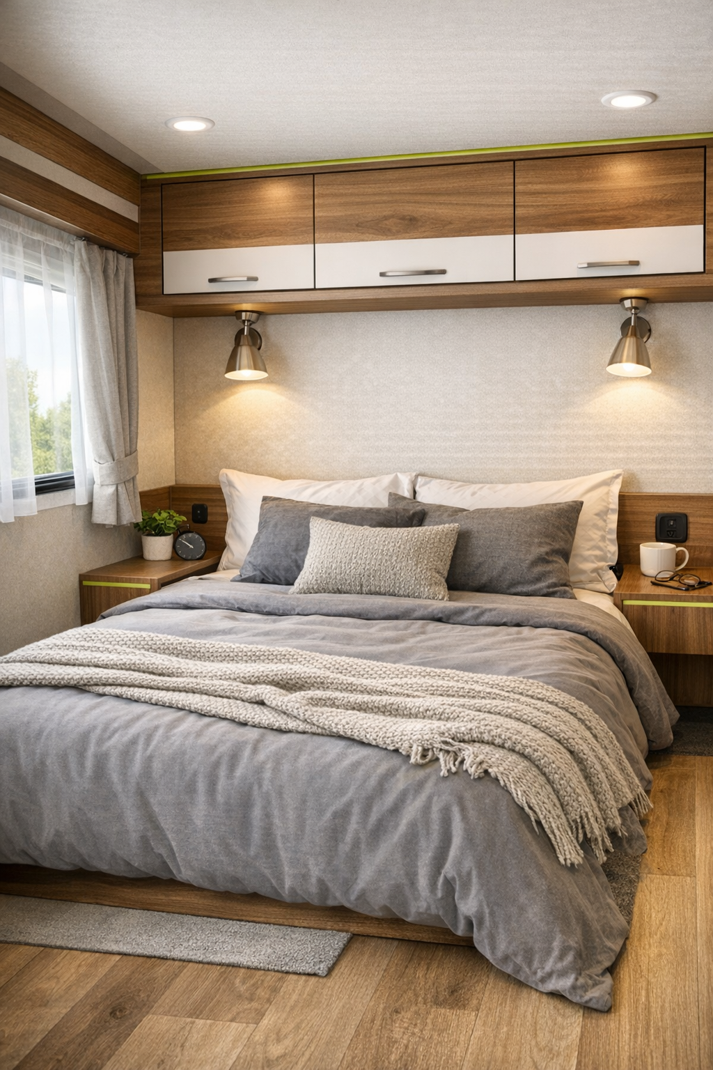 Cozy RV bedroom with soft gray bedding and warm wood details