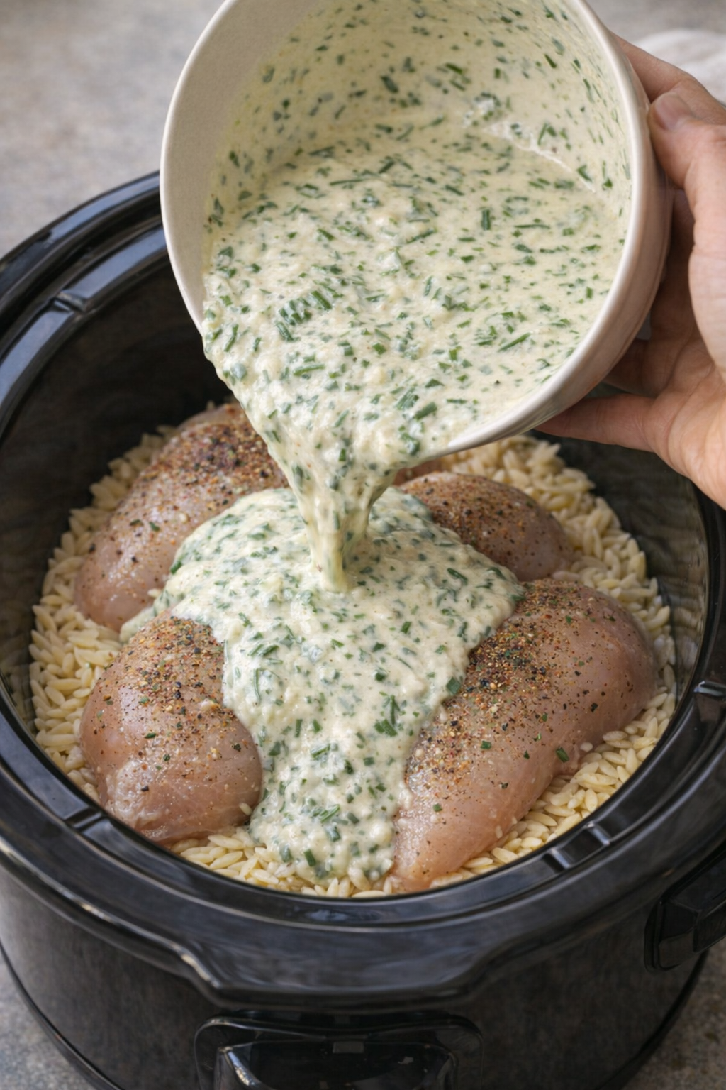 Herb sauce poured over chicken in the slow cooker