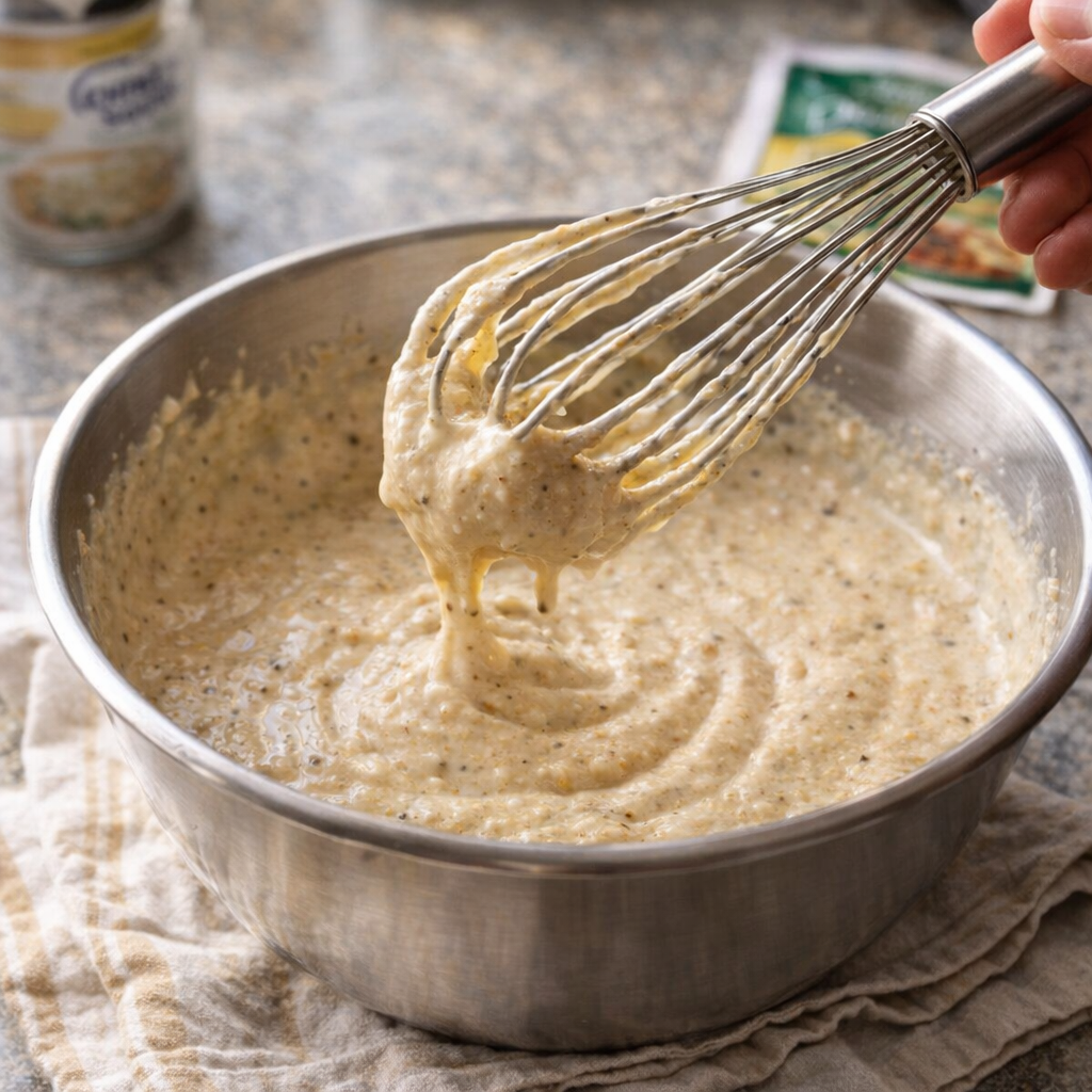Thick gravy mixture being whisked in a bowl