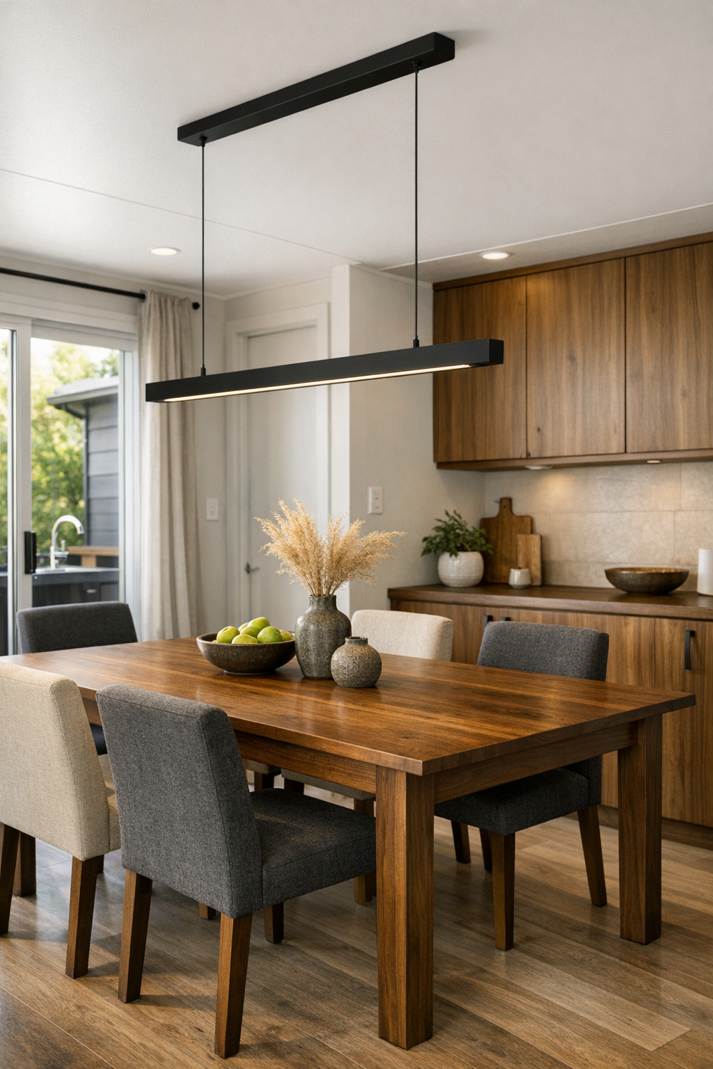 Warm dining room with wood table, upholstered chairs, and a matte black linear pendant