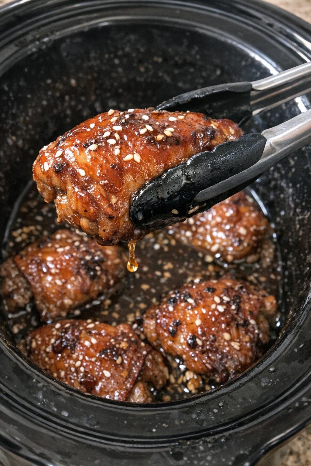 Slow cooker honey garlic chicken thighs in a black slow cooker