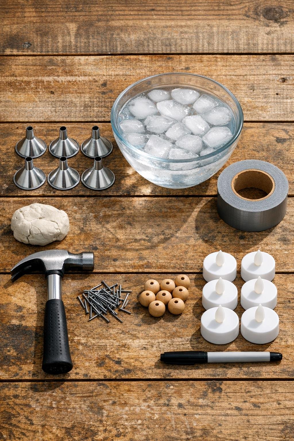 Materials for punched tin funnel project laid out on a work surface