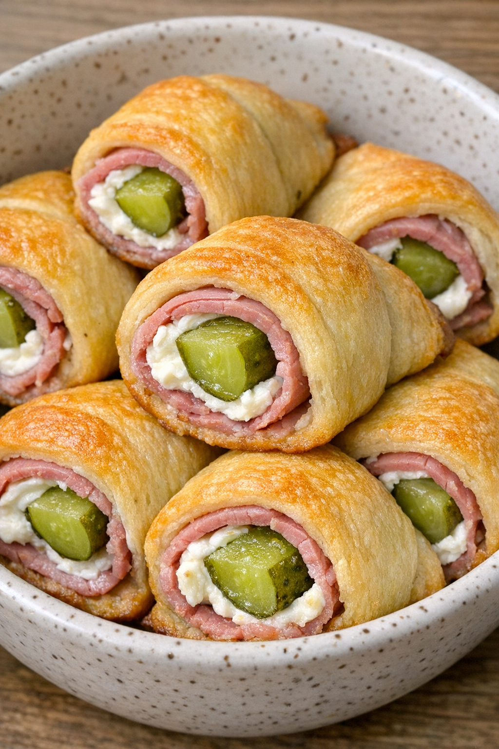 Oven baked beef pickle roll ups ready to serve