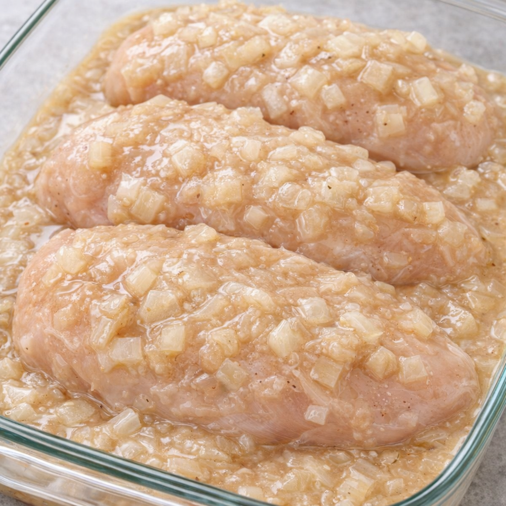 Chicken breasts in a glass baking dish covered with creamy French onion soup mixture