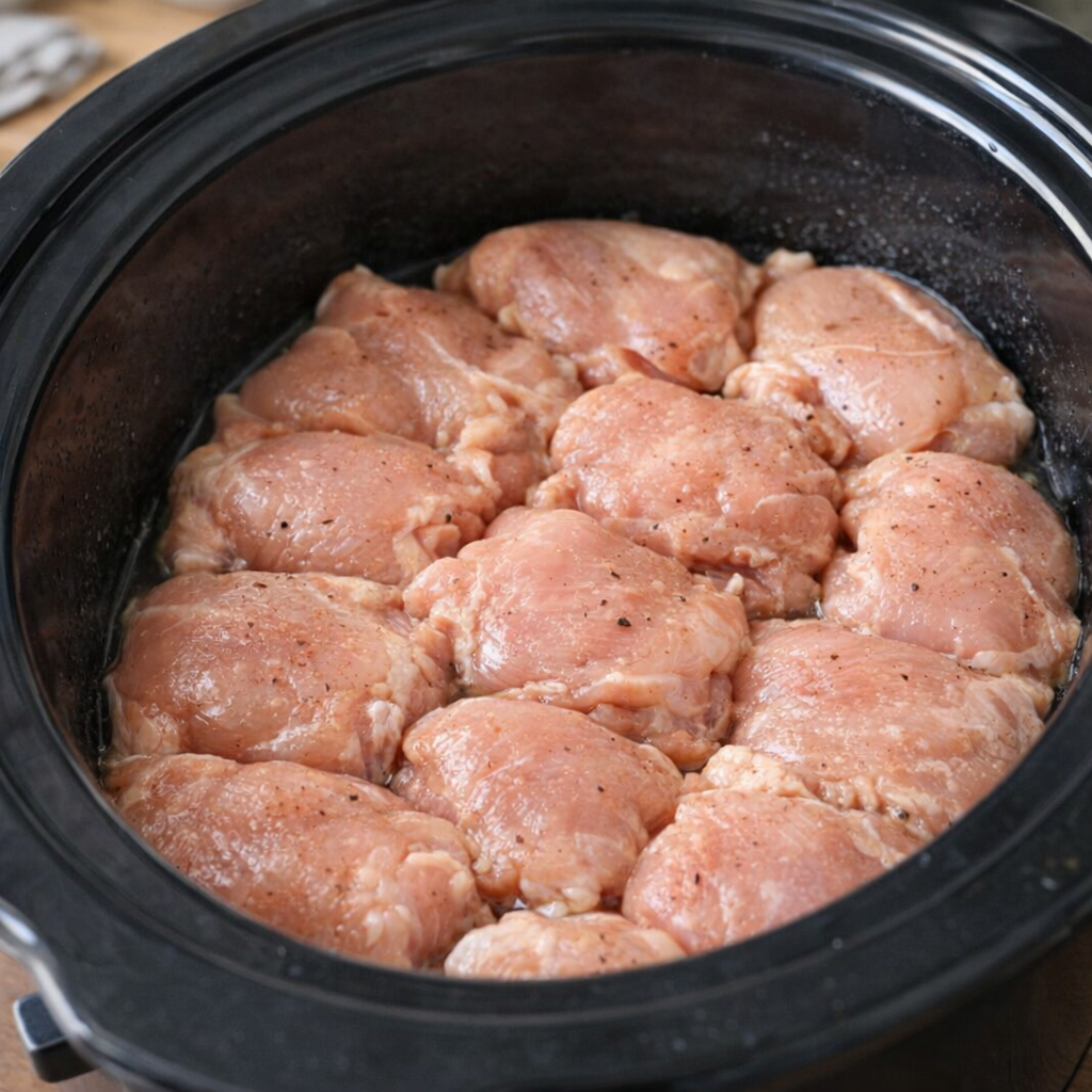 Rauwe kip in laagjes in een slowcooker