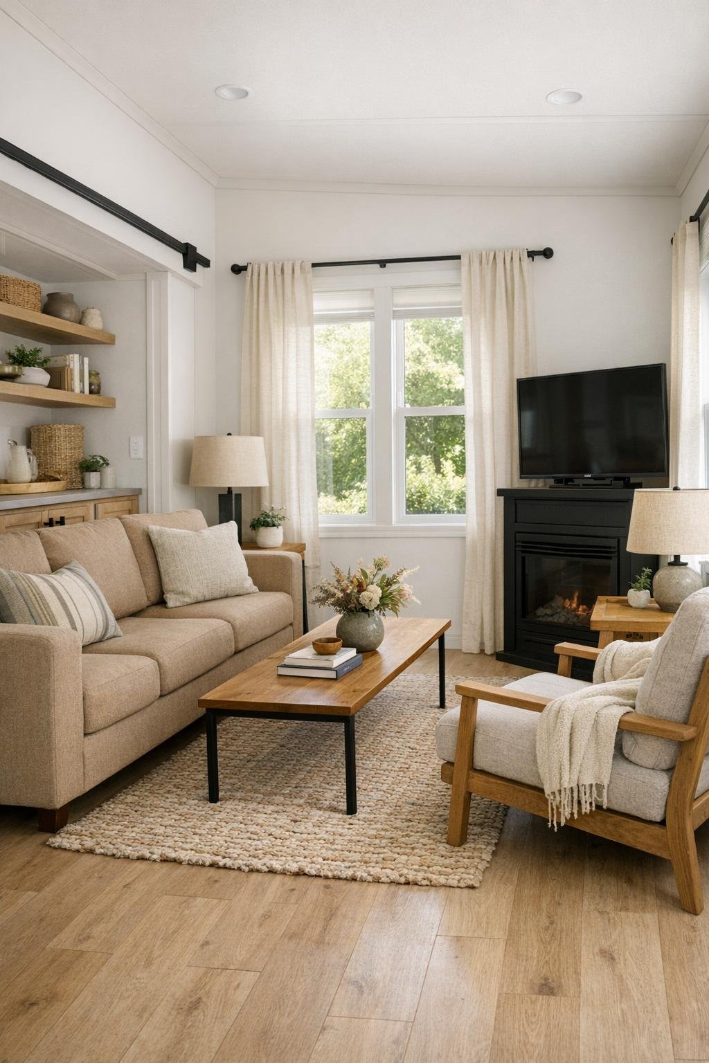 Cozy park model RV living room with oak finishes and soft neutral seating