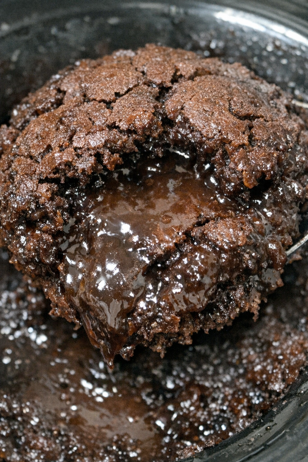 Dense fudgy dessert in a slow cooker