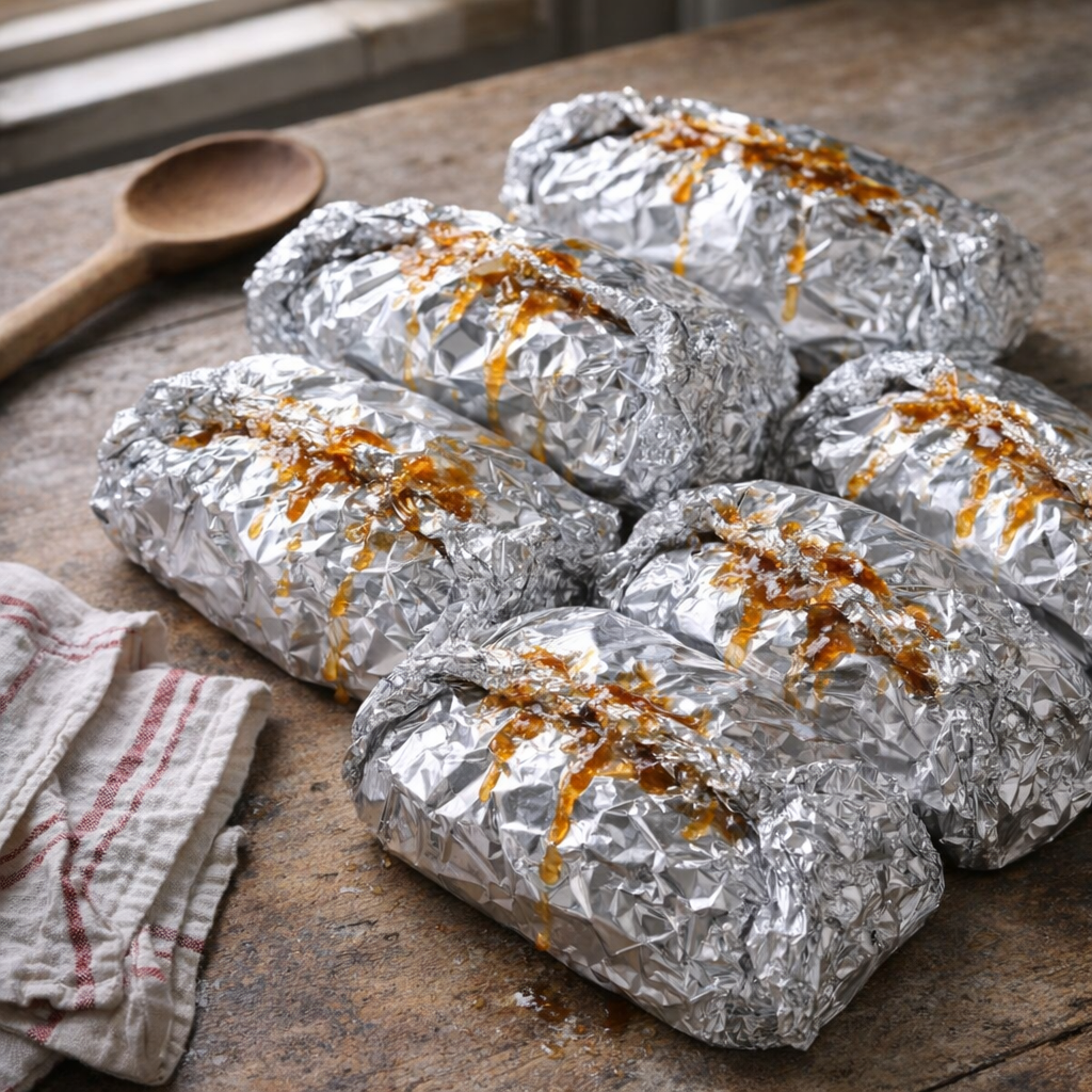 Foil-wrapped pork packets on a country kitchen counter