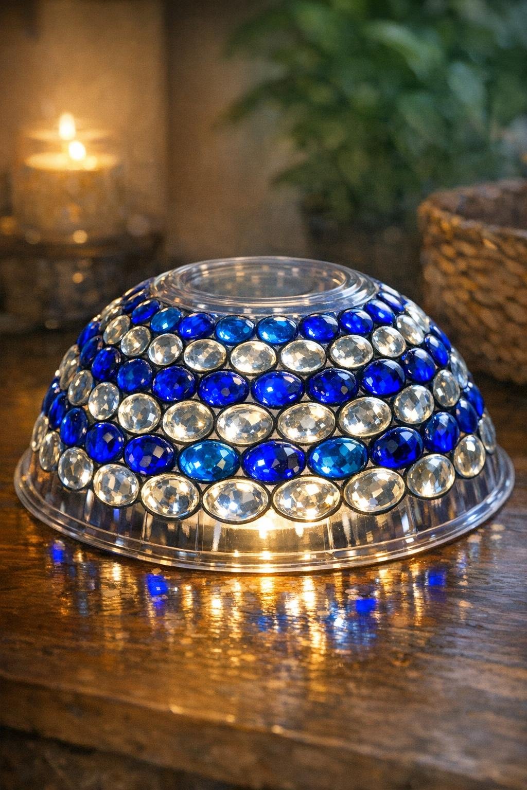 Finished stained-glass light dome made from a gem-lined plastic bowl