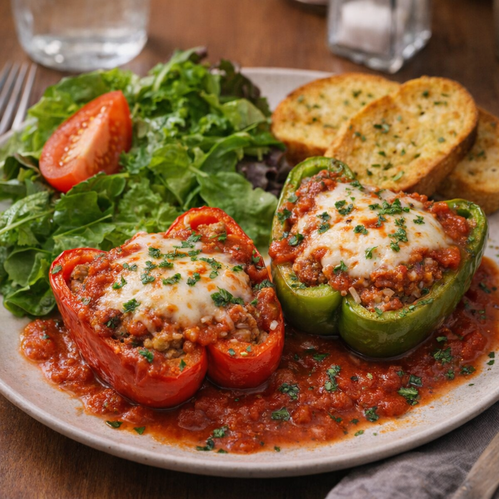 Plated stuffed pepper dinner with salad and garlic toast