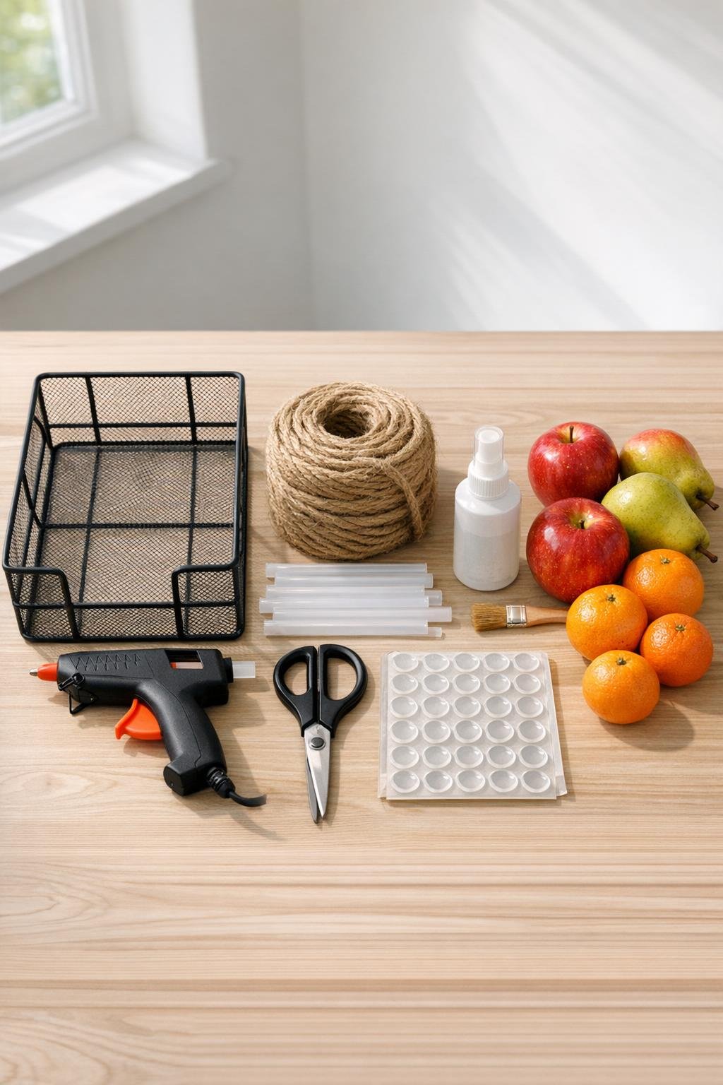 Materials for a twine-wrapped wire desk organizer fruit basket laid out on a table