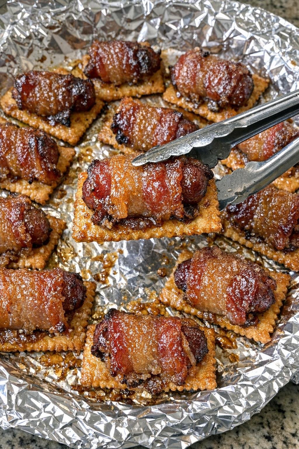 3-ingredient bacon kensington bites on a foil-lined platter