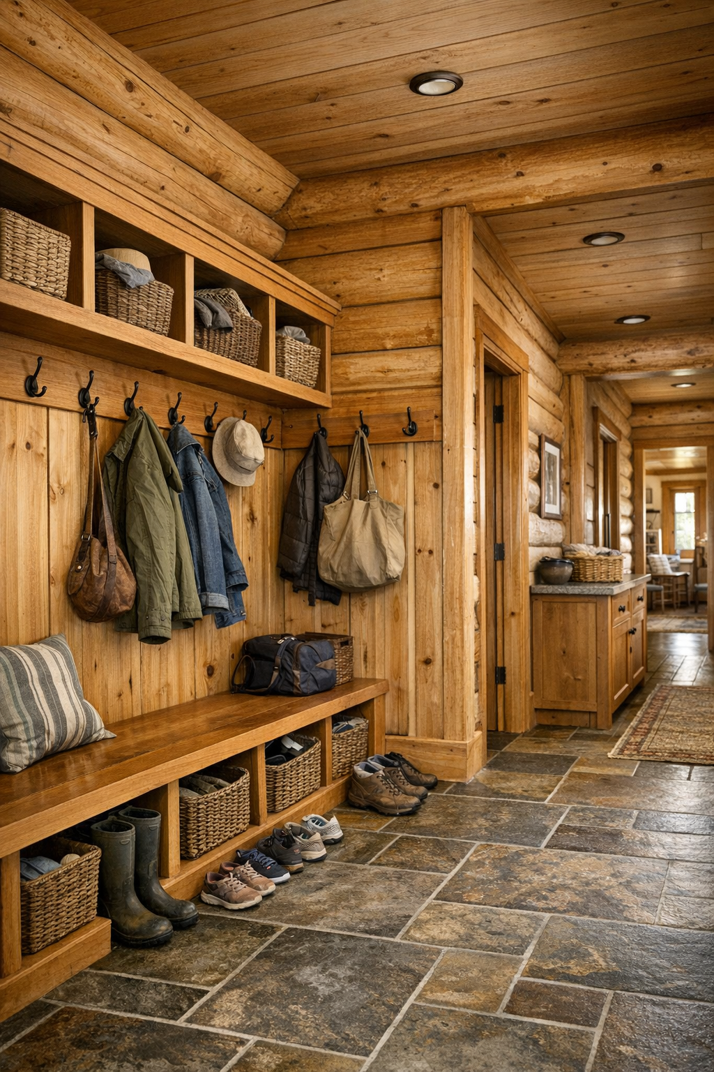 Well-organized mudroom and hallway with built-in bench and handcrafted storage
