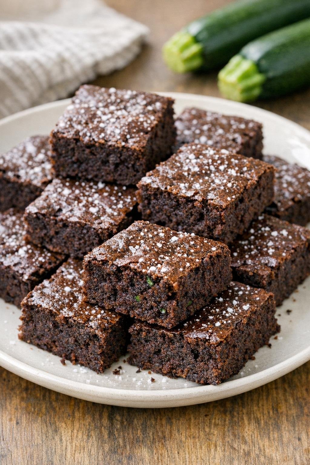 Finished chocolate zucchini dessert squares on a plate