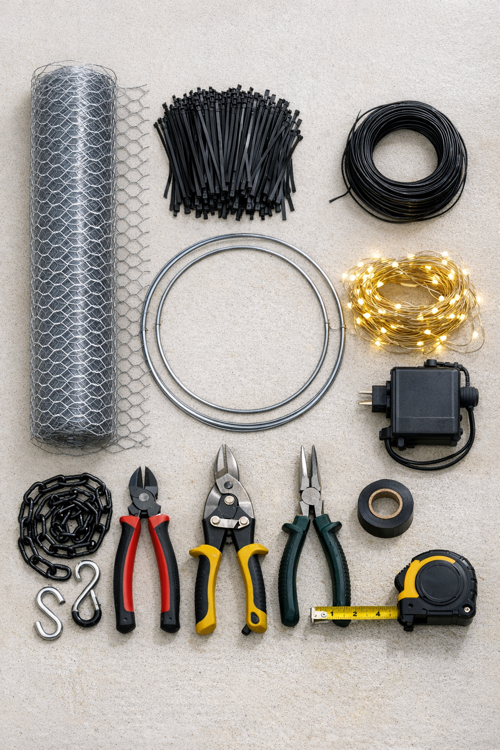 Materials laid out for a zip-tie chicken-wire patio chandelier